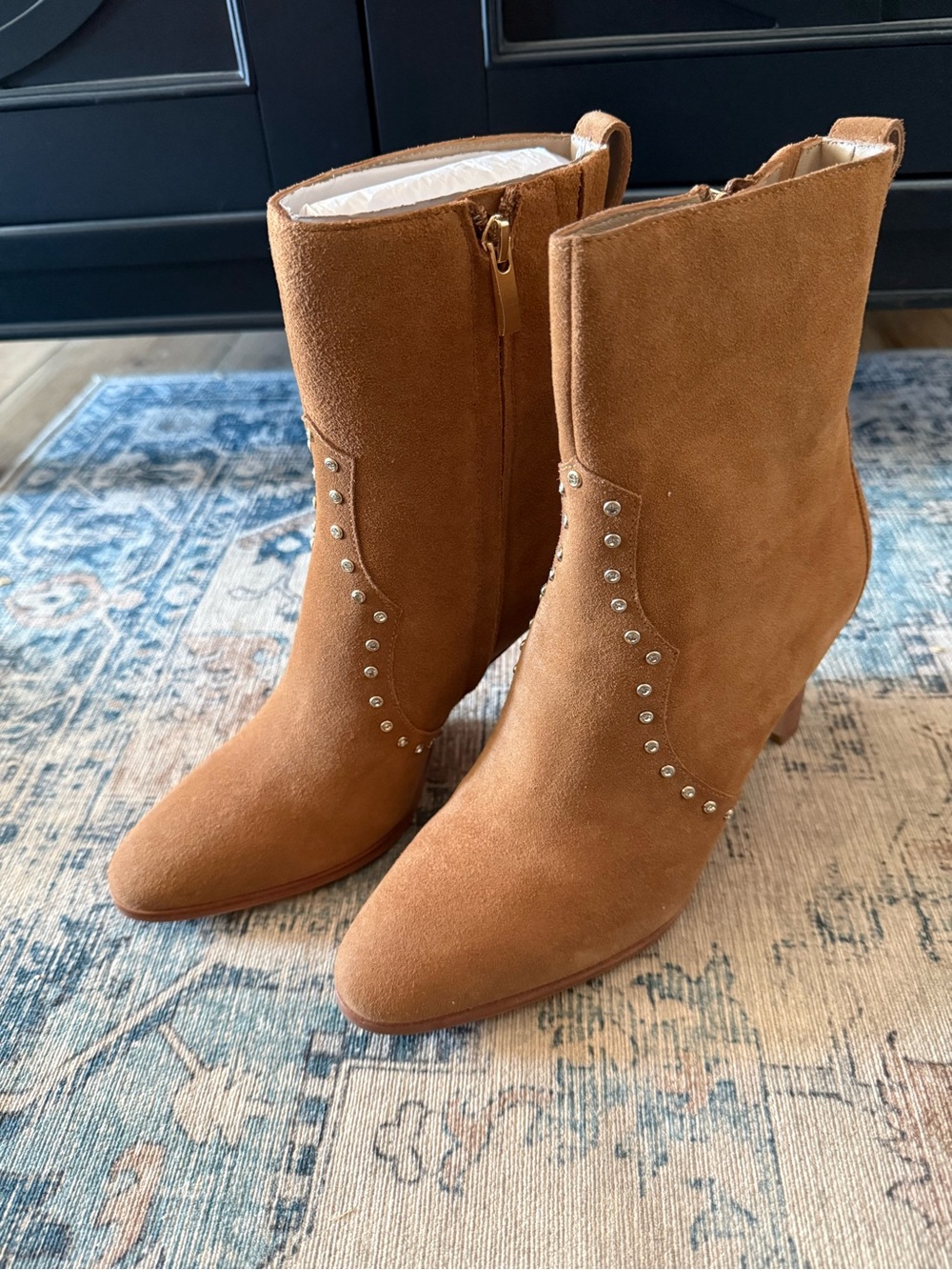 PAIGE Cognac Suede Studded Ankle Boots